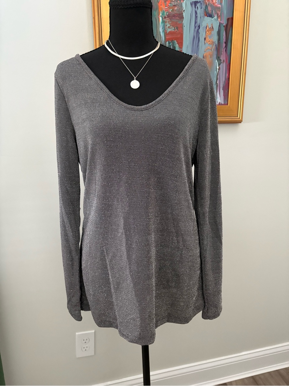 Banana Republic Gray Shimmer V-Neck Long Sleeve Top